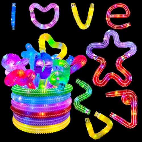 ALEENFOON 12 Stück Pop Tubes Spielzeug mit LED-Licht, LED Sensory Fidget Spielzeug, LED-Pop-Leuchtstäbe, Geburtstagsparty Dekoration