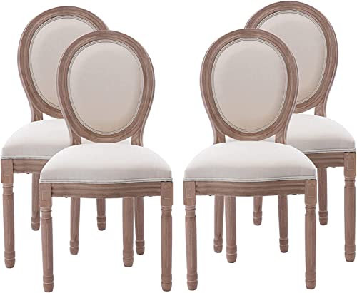4er-Set Esszimmerstühle im französischen Landhausstil mit runder Rückenlehne, ovale Seitenstühle für Wohnzimmer, Küche, Restaurant, beigefarbener Stoff, Beine aus Gummibaumholz, Esszimmermöbel (Beige