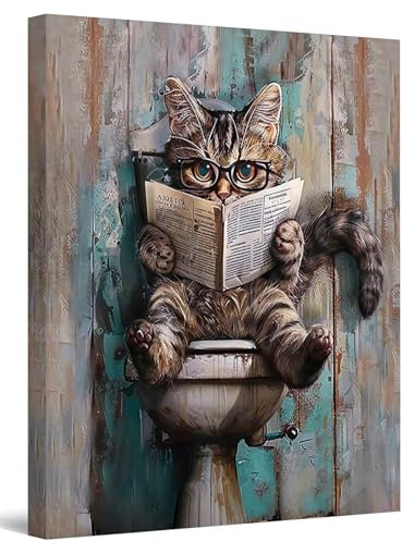 Leinwand Bilder Wanddeko Wc Badezimmer Deko Wandbilder Gäste Wc Badezimmer Bilder 30x40 cm Wandbilder mit Rahmen Lustige Niedliche Katze auf Toilette Kunstdruck Wandbild auf Wand Dekoration Wall Art