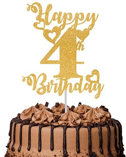 1Pc Happy 4th Birthday Cake Topper Glitter Cheers to 4 Years Cake Topper 4 Fabulous Cake Decoration for Happy 4th Birthday Party Cake Decorations Supplies Gold