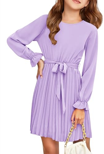 Haloumoning Abito da ragazza elegante a maniche lunghe per bambini, linea ad A, gonna a pieghe con scollo rotondo, abito midi fluente, viola., 7-8 Anni