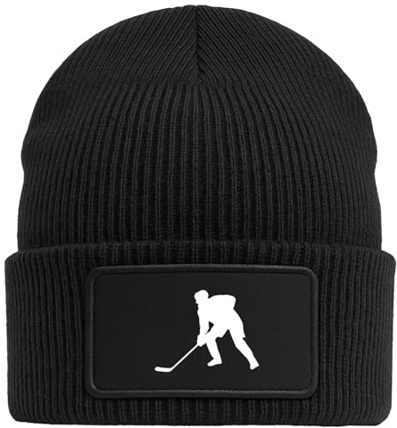Huuraa Beanie Eishockey Silhouette Geschenk | Black Geschenkidee Schwarze Rippstrick Wintermütze mit austauschbarem Klett Patch