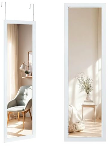 Full Length Mirror 110x33CM Over Door Wall Mounted Mirror with Adjustable Hooks for Bathroom Wardrobe Bedroom (White)