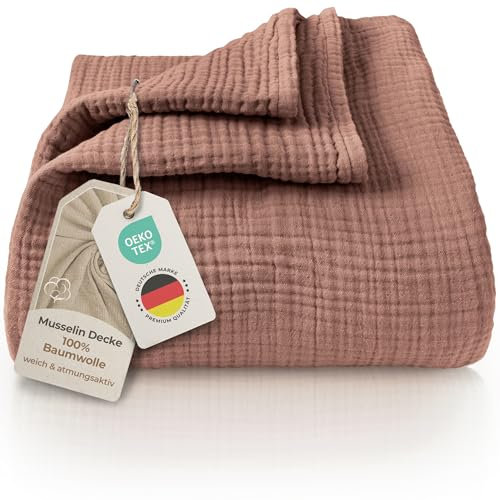 LAYNENBURG Premium Musselin Tagesdecke 150x200 cm - 100% Baumwolle - extraweiche, leichte Sommerdecke als Kuscheldecke, Bett-Überwurf, Baumwolldecke, Couch-Überwurf - warme Sofa-Decke (Mokka)