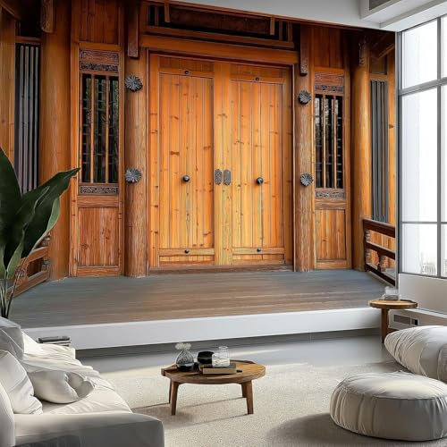 Mural Wallpaper Chinese Style Wooden Door, 3D Panoramic Photo Wallpaper Vintage Courtyard Non-Woven Murals 300x210 cm Art Print Wall Mural Bedrooms Living Room Modern Design Poster Picture q.2024