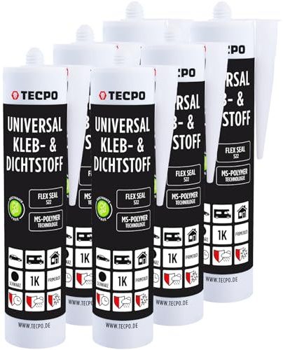 TECPO Universal Kleb- und Dichtstoff MS-Polymer 6x 480g Schwarz Flex Seal 522 elastisch, silikonfrei, lösemittelfrei, Auto Wohnmobil Bau Industrie Innen und Außen