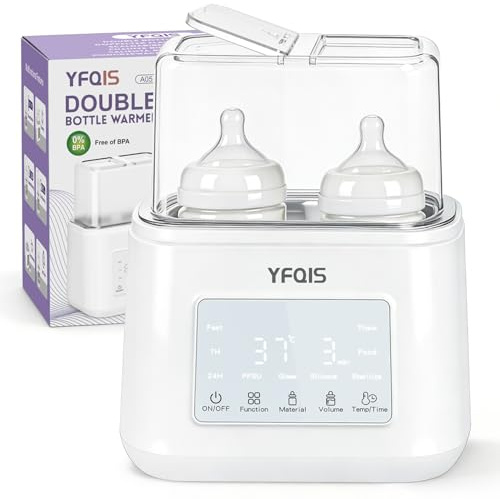 YFQIS Calienta Biberones Doble, 10 en 1 Esterilizador Biberones, Calienta/Descongela Leche Materna y Purés, Control Preciso de Temperatura, con Pantalla LCD, Temporizador, Apagado Automático (Blanco)
