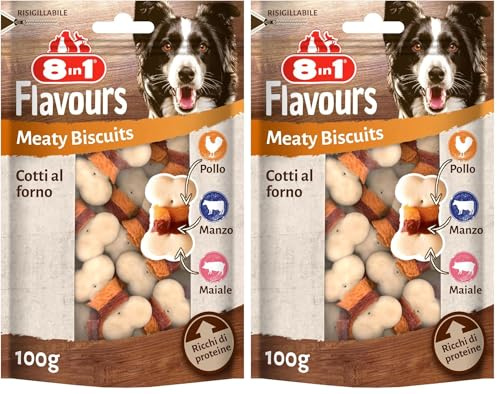 8in1 Flavours Meaty Biscuits Hunde-Kekse - köstliche Hunde-Leckerlis mit DREI Geschmacksnoten in einem Snack, 100 g Beutel (Packung mit 2)
