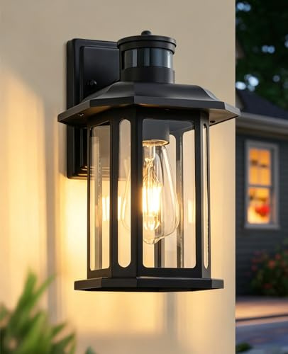 FTL Außenlampe mit Bewegungsmelder, 3 Beleuchtungsmodi Wandleuchte Außen, E27 Ausenbeleutung Hauswand für Haus, LED Außenwandleuchte Laterne Dämmerungssensor für Veranda Eingangstür, Mattschwarz, IP44