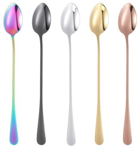Guduling 5 Stück Eislöffel Edelstahl Lang 19.5cm, Sundae Spoon, Teelöffel | Dessertlöffel, Longdrinklöffel mit Lang Griff, Latte-Löffel für Kaffee, Tee und Dessert Eisbecher (5 Farben)