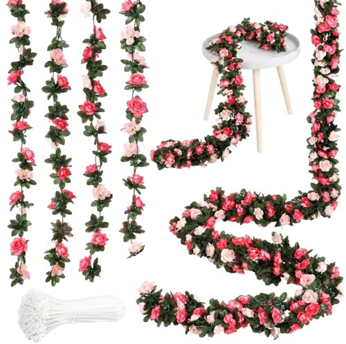 4pcs Artificial Flower Garlands Set, Silk Spring Floral Hanging Garland | 7.8FT Fake Pink Rose & Cherry Blossom Vines for Wedding Arch Party Wall Door Home Indoor Outdoor Decoration