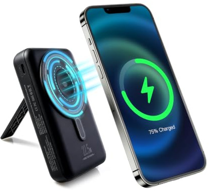 Powerbank für Magsafe,Rückhalter Magnetische Power Bank 10000mAh, Kabelloses Schnellladen mit PD 22.5W, 3 Anschlüssen & 2 Kabeln, LED-Anzeige, kompatibel für iPhone 17/16/15/14/13/12 Serie (Schwarz)