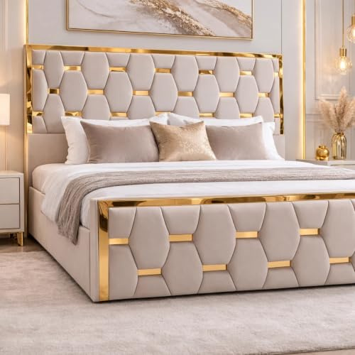 Cream Bed Frame with 54 Gold Trim Headboard | Plush Fabric Bed Frame with Soft Padded Headboard | Sturdy Wooden Construction | Hotel-Style Tufted Design for Elegant Bedroom Comfort (Super King Size)