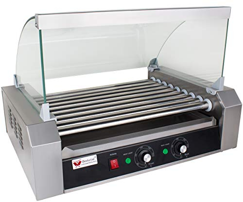Beeketal 'BH9WG' Profi Hot Dog Grill mit 9 rotierenden Heizstäben, Edelstahl Würstchen Grill Gerät mit Fettauffangschublade und Glas Abdeckhaube, 2 Heizzonen separat stufenlos regelbar 50-250 °C