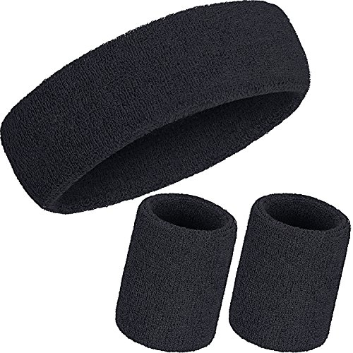 WILLBOND 3 Pièces Bandes de Transpiration Set, Comprenant Bandeau de Sport et Bandeau de Poignet Bande de Transpiration Rayée en Coton pour Hommes et Femmes Athlétiques (Noir)
