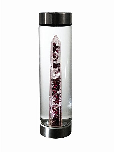 bewater Reusable gem Glass Water Bottle with Garnet and Rock Crystal Gemstones at its core |Durable BPA and Lead Free Glass | 500ml with a Wide Open Neck and Screw top lid. (belove Passion)