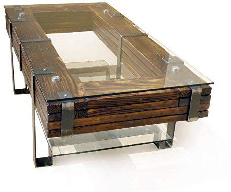 CHYRKA LEMBERG - Mesa de café 90x60 cm, Altura 30 cm (Madera Maciza, Cristal, Loft, Hecha a Mano, Estilo Vintage)