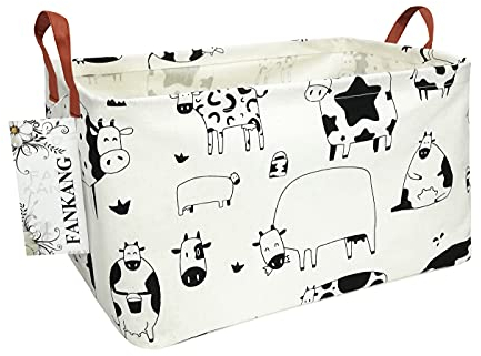 FANKANG Aufbewahrungskorb, Wäschekorb aus Segeltuch, faltbar, mit wasserdichter PE-Beschichtung, für Büro, Schlafzimmer, Kleidung, Spielzeug (L, Rec-Cows)