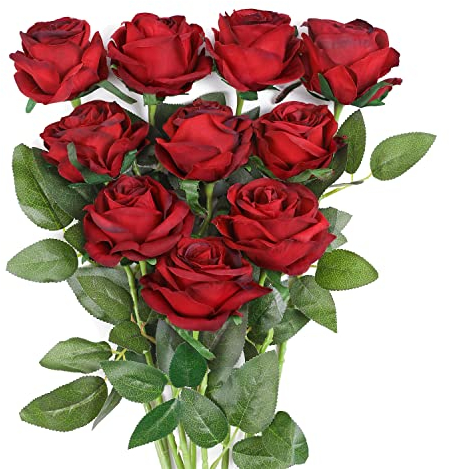 JUSTOYOU 10 PCS Künstliche Rosen Rote,19,68 '' Kunstseidenblumen Blumenstrauß Home Office Hochzeitsarrangements (Wein rot,Burgund)