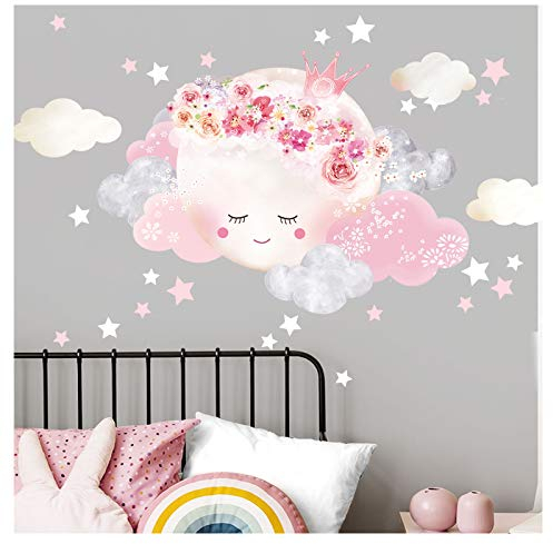 Little Deco Wandtattoo Kinderzimmer Mädchen Mond mit Krone & Wolken I XL - 72 x 51 cm (BxH) I Wandsticker Babyzimmer selbstklebend Baby Wandaufkleber Sterne Kinder DL447