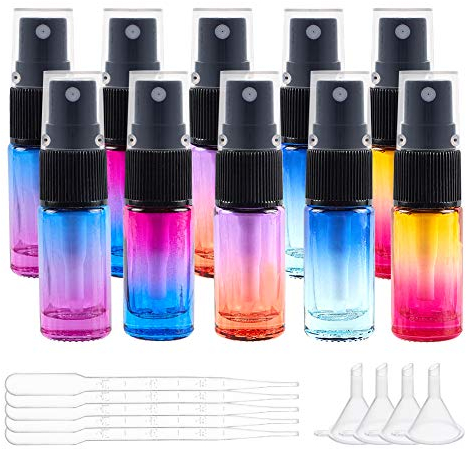 BENECREAT 10 Pack 5ml Farbverlauf Glassprühflasche mit Staubkappe Mini Feinnebelzerstäuber mit 10PCS Tropfer und 4PCS Trichtern für kosmetisches Make up für Parfümspender