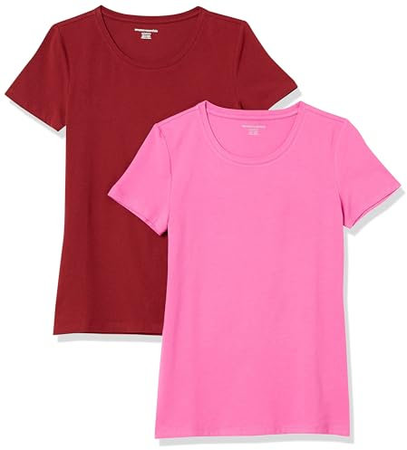 Amazon Essentials T-Shirt Ras-Du-Cou à Manches Courtes, Coupe Standard Femme, Lot de 2, Bordeaux/Rose, M