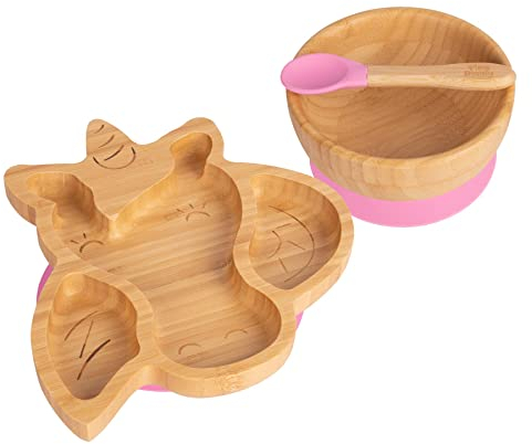 Tiny Dining Infantil de bambú Unicornio Placa, tazón y una Cuchara con ventosas - segmentado de diseño, Respetuoso del Medio Ambiente - Rosa