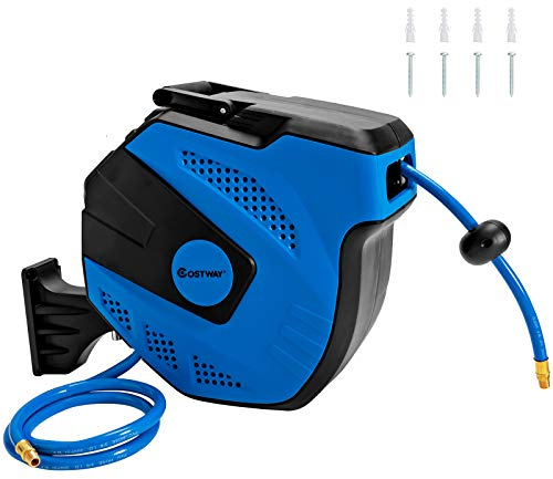 COSTWAY Hose Reel, Automatic Rewind Wall-Mounted Compact Reel with Locking Ball, Brass Connector and 180 Degrees Swivel Bracket, 150 PSI Windpipe Retractable Air Reel