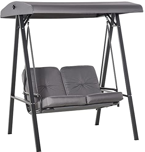 Outsunny 2 Seater Garden Swing Chair with Adjustable Tilting Canopy, Outdoor Hammock Bench with Steel Frame for Patio, Grey