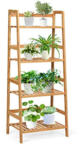 GIANTEX Leiterregal Bambus Standregal mit 4 Ablagen Blumenleiter Pflanzenregal freistehend Badregal Küchenregal Aufbewahrungsregal Blumenregal für Küche Badezimmer Balkon Büro (Natur)