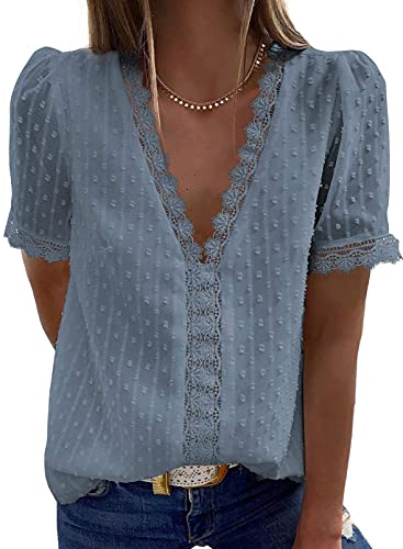 Dokotoo Damen Bluse Grau Spitze Shirts Tops Elegant Sommer V-Ausschnitt Kurzarm Oberteile Tunika Large