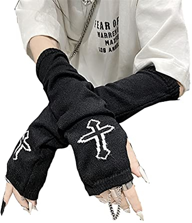 Skateboard Frog Women Gloves Goth Arm Sleeve Cool Black Moon Cross Printed Hip Hop Arm Warmers (Cross)
