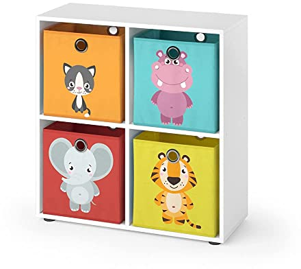 Vicco Kinderregal Tetra, Weiß, 72 x 72.6 cm mit 4 Faltboxen (rot/gelb)