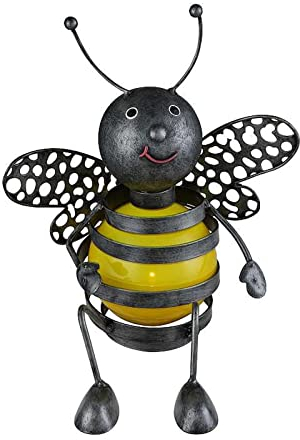 Solarlampe für Außen Garten Biene Figur - Solarleuchte Balkon Metall - Gartenlampe Höhe 24 cm - Außenleuchte LED Sitzend - Gartendeko Solar Wetterfest - Schwarz Gelb