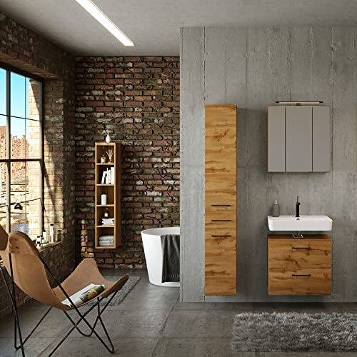 Lomadox Badezimmer Möbel Set Industrial Style 60 cm Waschbeckenunterschrank mit Hochschrank in Wotan Eiche Nb. inkl. Spiegelschrank, B/H/T: ca. 175/200/35 cm