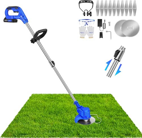 Akku Rasentrimmer 21V Rasentrimmer Teleskop-Elektro-Rasentrimmer mit Akku und Ladegerät 90° Verstellbarer Kopf, mit Klingen & Schnellladegerät, geeignet für Garten und Rasenflächen