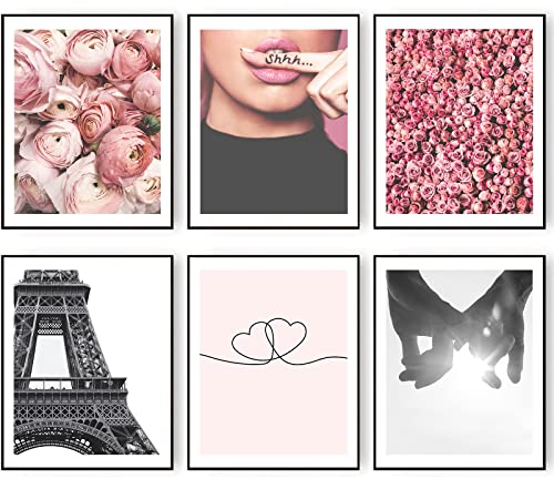 HoozGee Wandkunstdrucke, Paris-Dekor für Schlafzimmer, rosa Blume, Wanddekor-Linie, minimalistisch, herzförmig, Liebe, Händchenhalten, Poster, Mode, Paris, Fotografie, Bilder, Raumdekoration (20,3 x