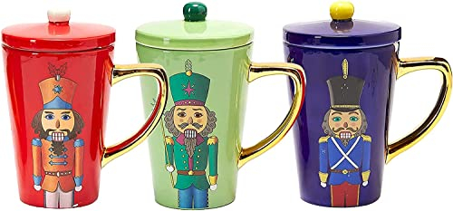 The Nutcracker Festive Christmas Decorative Mug with Lid - Ceramic Microwave/Dishwasher Safe - 16oz Soldier Holiday Coffee Mugs, Hot Chocolate, Eggnog - Merry X-Mas, Thanksgiving, Winter Cup (Blue)
