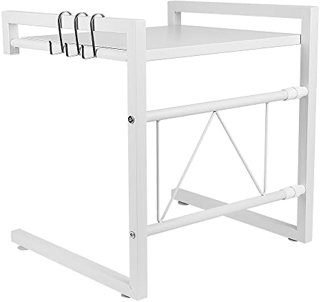 RELOVE Extensible soporte para microondas de metal, altura ajustable, estante de almacenamiento para cocina, titular de especias con 3 ganchos, carga máxima 25 kg (42 cm (40-65 cm)