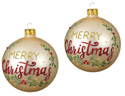 Traditionelle runde Weihnachtsbaumkugel mit Aufschrift Merry Christmas, Champagner-Gold, Rot, Grün – 8 cm