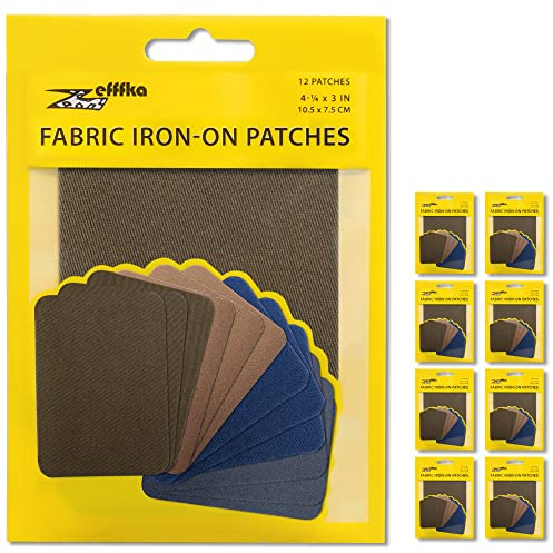 ZEFFFKA 9 Packages Premium Quality Fabric Iron-on Patches Inside & Outside Strongest Glue 100% Cotton Deep Blue Khaki Gray Brown Repair Decorating Kit 12 Pieces Size 3 by 4-1/4 (7.5 cm x 10.5 cm)
