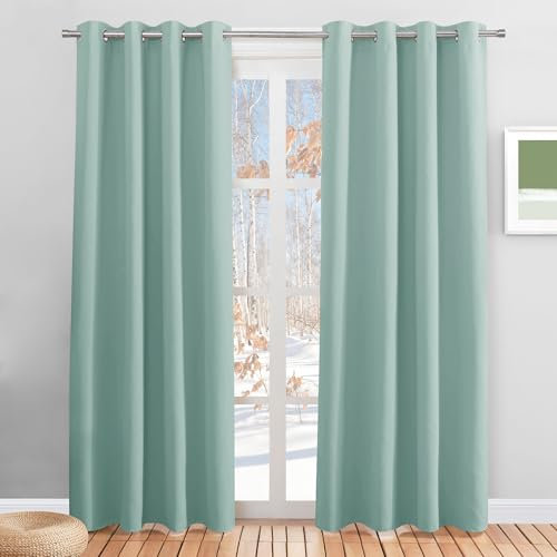 PONY DANCE Wärmeisolierende Vorhänge mit Ösen Gardinen Grün Blickdicht Thermovorhang gegen Hitze Verdunkelungsvorhang Schlafzimmer, 2er Set H 200 x B 140 cm, Sommergrün
