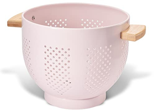 Scolapasta in metallo con manico in legno e base stabile, in acciaio verniciato a polvere, per scolare pasta, verdura e frutta (5,5 quarti, rosa)