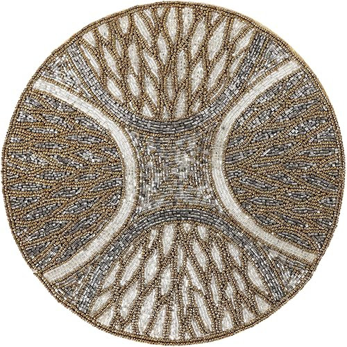 Holiday Beaded Table Placemats - 13 Inch Handmade Glass Beads Round Charger Plate for Weddings, Parties, Dinner, Kitchen Décor - Durable, Stain-Resistant, Non-Slip Back(Brown Grey) - CLEENTABLE
