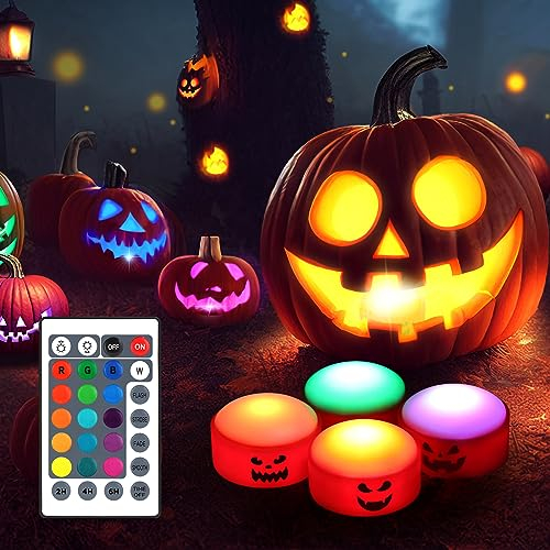 FHzytg 4 PCS Halloween Kürbis Lichter 16 Farben, Jack O Lantern LED Licht mit Fernbedienung, Timer Lichter für Kürbisse, Batteriebetriebenes, Flammenlose Kerzen für Kürbisdekoration Halloween Party