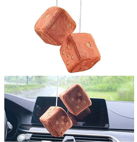 Ziciner Plüsch-Würfel für Autospiegel, 7,6 cm, Retro-Würfel mit Herzform, Auto-Rückspiegel, hängende Ornament-Dekoration, universelles Autozubehör für Frauen (Kaffee)