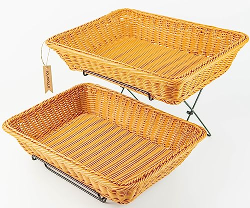 Rechteckige Weidenkörbe mit Metallständer, Präsentationskörbe mit Gestell für Gemüse, Obst und Dessert, handgewebte Weidenkörbe zum Servieren von Lebensmitteln (Tawny)