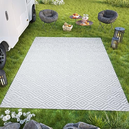 TAPISO Ibiza Teppich Outdoor Zweiseitig Wendbar Wasserdicht Resistent Geometrisch Figuren Diamanten Hellgrau Picknick Strand Garten ÖKO-TEX 180 x 270 cm