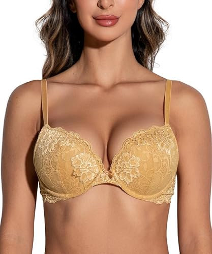 Deyllo BH Damen mit Bügel,Push up BH,Dirndl BH Blumen Spitze Schalen Bügel BH Gepolstert Elegant(Goldene,85A)