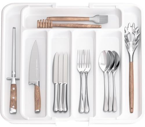 Aujen Besteckkasten für Schubladen -Abnehmbar Besteckeinsatz für Schubladen, Erweiterbar Praktischer Schubladeneinsatz, Effiziente und Vielseitiger Küchen Organizer, Weiß, Mittel
